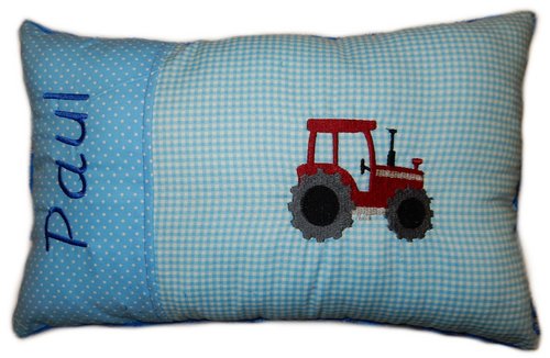 Blaues Kuschelkissen * roter Traktor * mit Namen bestickt * ca. 25 * 40 cm groß
